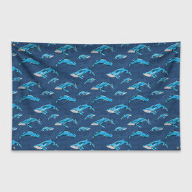 Флаг-баннер с принтом Киты на синем в Курске, 100% полиэстер | размер 67 х 109 см, плотность ткани — 95 г/м2; по краям флага есть четыре люверса для крепления | whale | кит | киты | море | на синем | паттерн