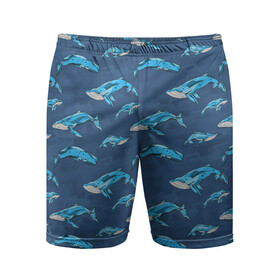 Мужские шорты спортивные с принтом Киты на синем в Курске,  |  | whale | кит | киты | море | на синем | паттерн