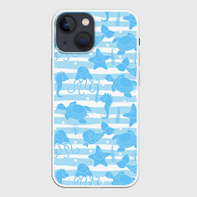 Чехол для iPhone 13 mini с принтом Морские жители в Курске,  |  | Тематика изображения на принте: ocean spirit | дух океана | жители | звезда | конек | медуза | мир | море | морская | морские | морской | подводный | рыбы | черепаха