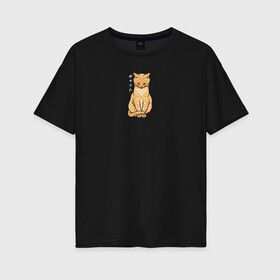 Женская футболка хлопок Oversize с принтом Serenity Cat в Курске, 100% хлопок | свободный крой, круглый ворот, спущенный рукав, длина до линии бедер
 | животное | звери | иероглифы | кот | кошка | надпись на японском | питомец | спокойствие