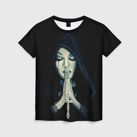 Женская футболка 3D с принтом Монашка с крестом в Курске, 100% полиэфир ( синтетическое хлопкоподобное полотно) | прямой крой, круглый вырез горловины, длина до линии бедер | анархия | крест | крест и монашка | крест череп | крестик | манархия | манашка | молитва | молится | монашка | монашка и крест | монашка с крестиком | монашка с крестом | монашки | с крестом | череп