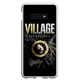 Чехол для Samsung S10E с принтом Resident Evil Village в Курске, Силикон | Область печати: задняя сторона чехла, без боковых панелей | resident evil village | деревня | игры | итан уинтерс | крылья | обитиель зла | перья | ужасы