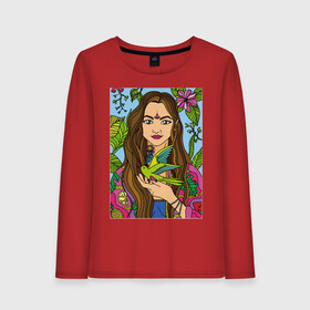 Женский лонгслив хлопок с принтом Girl with bird in nature в Курске, 100% хлопок |  | bird | blue | flowers | girl | green | hippie | leaves | lemon | meditation | nature | pineapple | pink | relax | sky | summer | yellow | yoga | картина с девушкой и птичкой | тату