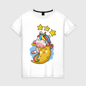 Женская футболка хлопок с принтом Единорог на луне в Курске, 100% хлопок | прямой крой, круглый вырез горловины, длина до линии бедер, слегка спущенное плечо | cute | funny | moon | pony | rainbow | unicorn | единорог | единорожка | звездочки | луна | милый | пони | радуга