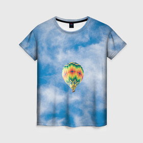 Женская футболка 3D с принтом Воздушный шар в небе в Курске, 100% полиэфир ( синтетическое хлопкоподобное полотно) | прямой крой, круглый вырез горловины, длина до линии бедер | воздушные | воздушный | небеса | небесный | небо | облака | облако | туча | тучи | шар | шары