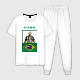 Мужская пижама хлопок с принтом Роберто Карлос (Roberto Carlos в Курске, 100% хлопок | брюки и футболка прямого кроя, без карманов, на брюках мягкая резинка на поясе и по низу штанин
 | роберто карлос | сборная бразилии | флаг бразилии | футболист | футбольная форма