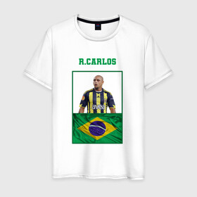 Мужская футболка хлопок с принтом Роберто Карлос (Roberto Carlos в Курске, 100% хлопок | прямой крой, круглый вырез горловины, длина до линии бедер, слегка спущенное плечо. | роберто карлос | сборная бразилии | флаг бразилии | футболист | футбольная форма