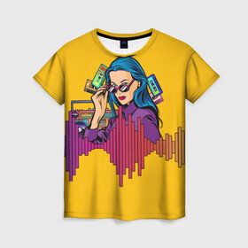 Женская футболка 3D с принтом Ретро Девушка 90-х Арт в Курске, 100% полиэфир ( синтетическое хлопкоподобное полотно) | прямой крой, круглый вырез горловины, длина до линии бедер | Тематика изображения на принте: 80 е | 90 е | art. | disco | girl | pop | purple | retro | yellow | бумбокс | в горошек | желтый | кассета | кассеты | лето | магнитофон | музыка | принт | фиолетовый | яркий
