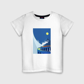Детская футболка хлопок с принтом паровозик в Курске, 100% хлопок | круглый вырез горловины, полуприлегающий силуэт, длина до линии бедер | Тематика изображения на принте: гора | минимализм | мостик | паровозик | синее небо | снег | солнышко