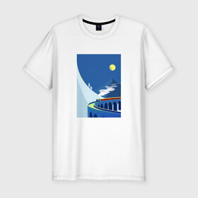 Мужская футболка хлопок Slim с принтом паровозик в Курске, 92% хлопок, 8% лайкра | приталенный силуэт, круглый вырез ворота, длина до линии бедра, короткий рукав | гора | минимализм | мостик | паровозик | синее небо | снег | солнышко