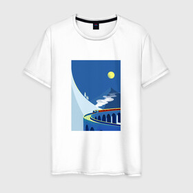 Мужская футболка хлопок с принтом паровозик в Курске, 100% хлопок | прямой крой, круглый вырез горловины, длина до линии бедер, слегка спущенное плечо. | гора | минимализм | мостик | паровозик | синее небо | снег | солнышко