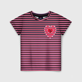 Детская футболка 3D с принтом Розовое лето в Курске, 100% гипоаллергенный полиэфир | прямой крой, круглый вырез горловины, длина до линии бедер, чуть спущенное плечо, ткань немного тянется | Тематика изображения на принте: для девушек | лето | полосы | популярные иллюстрации | розовый цвет | сердечки | тельняшка | якорь