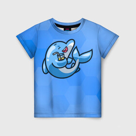 Детская футболка 3D с принтом Дельфин с коктейлем в Курске, 100% гипоаллергенный полиэфир | прямой крой, круглый вырез горловины, длина до линии бедер, чуть спущенное плечо, ткань немного тянется | dolphin | дельфин | коктейль | море | морские | на голубом | с дельфином