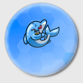 Значок с принтом Дельфин с коктейлем в Курске,  металл | круглая форма, металлическая застежка в виде булавки | dolphin | дельфин | коктейль | море | морские | на голубом | с дельфином