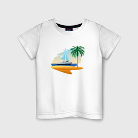 Детская футболка хлопок с принтом Корабль и пальма в Курске, 100% хлопок | круглый вырез горловины, полуприлегающий силуэт, длина до линии бедер | palm | sailboat | кораблик | корабль | лодка | пальма | парус | парусная лодка