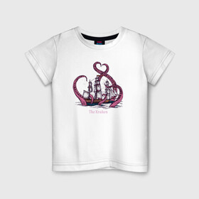 Детская футболка хлопок с принтом Корабль и кракен в Курске, 100% хлопок | круглый вырез горловины, полуприлегающий силуэт, длина до линии бедер | Тематика изображения на принте: kraken | ships | корабли | кораблики | корабль | кракен | море | морские | морское