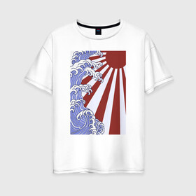 Женская футболка хлопок Oversize с принтом Волна и солнце в Канагаве в Курске, 100% хлопок | свободный крой, круглый ворот, спущенный рукав, длина до линии бедер
 | japan | japanese style | ninja | samurai | shinobi | the great wave off kanagawa | большая волна в канагаве | иероглифы | канагава | киото | осака | самурай | токио | японист | япония | японский стиль | японский флаг | японское солнце