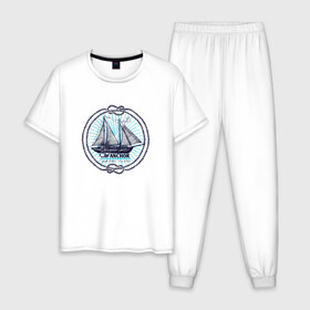 Мужская пижама хлопок с принтом Корабль Якорь в Курске, 100% хлопок | брюки и футболка прямого кроя, без карманов, на брюках мягкая резинка на поясе и по низу штанин
 | anchor | ship | кораблик | корабль | море | океан | шварт | якори | якорь