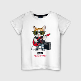 Детская футболка хлопок с принтом КРУТОЙ КОТ ГИТАРИСТ в Курске, 100% хлопок | круглый вырез горловины, полуприлегающий силуэт, длина до линии бедер | and | cat | cats | cute | funny | guitar | heavy | kitten | kitty | meow | metal | music | n | pet | playing | rock | roll | star | гитара | гитарист | кот | котик | коты | кошка | кошки | крутой | музыка | рок