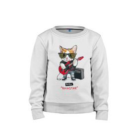 Детский свитшот хлопок с принтом КРУТОЙ КОТ ГИТАРИСТ в Курске, 100% хлопок | круглый вырез горловины, эластичные манжеты, пояс и воротник | and | cat | cats | cute | funny | guitar | heavy | kitten | kitty | meow | metal | music | n | pet | playing | rock | roll | star | гитара | гитарист | кот | котик | коты | кошка | кошки | крутой | музыка | рок