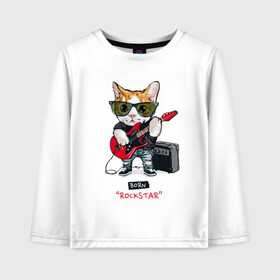 Детский лонгслив хлопок с принтом КРУТОЙ КОТ ГИТАРИСТ в Курске, 100% хлопок | круглый вырез горловины, полуприлегающий силуэт, длина до линии бедер | Тематика изображения на принте: and | cat | cats | cute | funny | guitar | heavy | kitten | kitty | meow | metal | music | n | pet | playing | rock | roll | star | гитара | гитарист | кот | котик | коты | кошка | кошки | крутой | музыка | рок