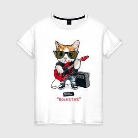 Женская футболка хлопок с принтом КРУТОЙ КОТ ГИТАРИСТ в Курске, 100% хлопок | прямой крой, круглый вырез горловины, длина до линии бедер, слегка спущенное плечо | Тематика изображения на принте: and | cat | cats | cute | funny | guitar | heavy | kitten | kitty | meow | metal | music | n | pet | playing | rock | roll | star | гитара | гитарист | кот | котик | коты | кошка | кошки | крутой | музыка | рок