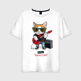 Женская футболка хлопок Oversize с принтом КРУТОЙ КОТ ГИТАРИСТ в Курске, 100% хлопок | свободный крой, круглый ворот, спущенный рукав, длина до линии бедер
 | Тематика изображения на принте: and | cat | cats | cute | funny | guitar | heavy | kitten | kitty | meow | metal | music | n | pet | playing | rock | roll | star | гитара | гитарист | кот | котик | коты | кошка | кошки | крутой | музыка | рок
