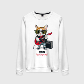 Женский свитшот хлопок с принтом КРУТОЙ КОТ ГИТАРИСТ в Курске, 100% хлопок | прямой крой, круглый вырез, на манжетах и по низу широкая трикотажная резинка  | and | cat | cats | cute | funny | guitar | heavy | kitten | kitty | meow | metal | music | n | pet | playing | rock | roll | star | гитара | гитарист | кот | котик | коты | кошка | кошки | крутой | музыка | рок