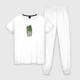 Женская пижама хлопок с принтом Кактус в Курске, 100% хлопок | брюки и футболка прямого кроя, без карманов, на брюках мягкая резинка на поясе и по низу штанин | иероглифы | кактус | надпись на японском | природа | растение | цветок
