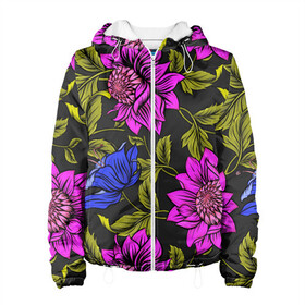 Женская куртка 3D с принтом Цветочный Паттерн в Курске, ткань верха — 100% полиэстер, подклад — флис | прямой крой, подол и капюшон оформлены резинкой с фиксаторами, два кармана без застежек по бокам, один большой потайной карман на груди. Карман на груди застегивается на липучку | blue | flower | flowers | green | nature | pattern | purple | spring | summer | весна | ветви | ветки | заросли | зеленый | лаза | лето | листва | листья | орнамент | паттерн | природа | синий | узор | фауна | фиолетовый | флора | цветок