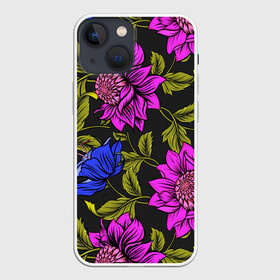 Чехол для iPhone 13 mini с принтом Цветочный Паттерн в Курске,  |  | blue | flower | flowers | green | nature | pattern | purple | spring | summer | весна | ветви | ветки | заросли | зеленый | лаза | лето | листва | листья | орнамент | паттерн | природа | синий | узор | фауна | фиолетовый | флора | цветок