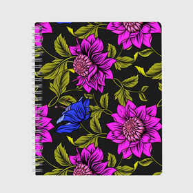 Тетрадь с принтом Цветочный Паттерн в Курске, 100% бумага | 48 листов, плотность листов — 60 г/м2, плотность картонной обложки — 250 г/м2. Листы скреплены сбоку удобной пружинной спиралью. Уголки страниц и обложки скругленные. Цвет линий — светло-серый
 | blue | flower | flowers | green | nature | pattern | purple | spring | summer | весна | ветви | ветки | заросли | зеленый | лаза | лето | листва | листья | орнамент | паттерн | природа | синий | узор | фауна | фиолетовый | флора | цветок