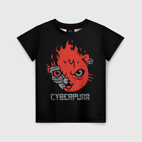 Детская футболка 3D с принтом СYBERPURR в Курске, 100% гипоаллергенный полиэфир | прямой крой, круглый вырез горловины, длина до линии бедер, чуть спущенное плечо, ткань немного тянется | Тематика изображения на принте: 2077 | animal | cat | cyber | cyberpunk | fire | flame | future | neon | purr | technology | будущее | демон | животное | кибер | кот | кошка | микросхема | мур | мурлыкать | нейроны | неон | огонь | очки | свечение | технологии | шлем