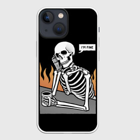 Чехол для iPhone 13 mini с принтом Я В Порядке в Курске,  |  | bones | fine | fire | flame | im | skeleton | skull | апатия | в | депрессия | кости | кружка | настроение | огонь | пламя | пожар | порядке | прострация | скелет | череп | эмоции | я