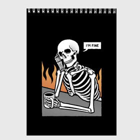 Скетчбук с принтом Я В Порядке в Курске, 100% бумага
 | 48 листов, плотность листов — 100 г/м2, плотность картонной обложки — 250 г/м2. Листы скреплены сверху удобной пружинной спиралью | Тематика изображения на принте: bones | fine | fire | flame | im | skeleton | skull | апатия | в | депрессия | кости | кружка | настроение | огонь | пламя | пожар | порядке | прострация | скелет | череп | эмоции | я