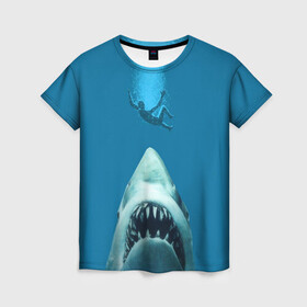 Женская футболка 3D с принтом Челюсти в Курске, 100% полиэфир ( синтетическое хлопкоподобное полотно) | прямой крой, круглый вырез горловины, длина до линии бедер | акула | океан | опасность | хоррор | челюсти
