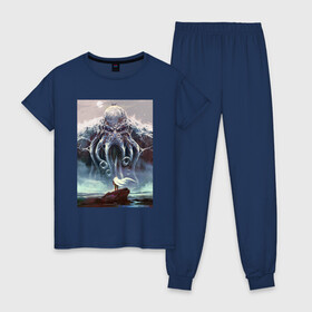 Женская пижама хлопок с принтом Cthulhu в Курске, 100% хлопок | брюки и футболка прямого кроя, без карманов, на брюках мягкая резинка на поясе и по низу штанин | cthulhu | викинги | гиганты | ктулху | мифология | морские чудовища | скандинавия | скандинавская
