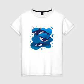 Женская футболка хлопок с принтом Косатки в Курске, 100% хлопок | прямой крой, круглый вырез горловины, длина до линии бедер, слегка спущенное плечо | whale | кит | киты | косатка | косатки | море