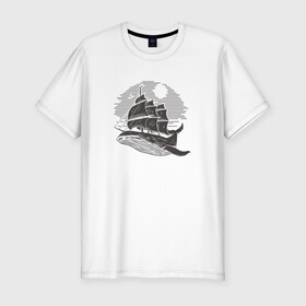 Мужская футболка хлопок Slim с принтом Кит и корабль в Курске, 92% хлопок, 8% лайкра | приталенный силуэт, круглый вырез ворота, длина до линии бедра, короткий рукав | ship | whale | кит | киты | корабль | паруса