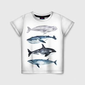 Детская футболка 3D с принтом киты в Курске, 100% гипоаллергенный полиэфир | прямой крой, круглый вырез горловины, длина до линии бедер, чуть спущенное плечо, ткань немного тянется | Тематика изображения на принте: ocean | orca | sea | sea animal | whale | белуха | дельфин | касатка | кит | море | океан | рисунок кита | синий кит