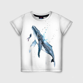 Детская футболка 3D с принтом кит в Курске, 100% гипоаллергенный полиэфир | прямой крой, круглый вырез горловины, длина до линии бедер, чуть спущенное плечо, ткань немного тянется | ocean | sea | sea animal | whale | акварель | кит | море | океан | рисунок кита