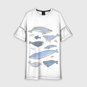 Детское платье 3D с принтом киты в Курске, 100% полиэстер | прямой силуэт, чуть расширенный к низу. Круглая горловина, на рукавах — воланы | ocean | orca | sea | sea animal | whale | графика | дельфин | иллюстрация | касатка | кит | море | океан | рисунок кита