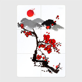 Магнитный плакат 2Х3 с принтом Рисунок Сакура в Курске, Полимерный материал с магнитным слоем | 6 деталей размером 9*9 см | Тематика изображения на принте: горы | красный | пейзаж | рисунок | цветы | япония | японский стиль