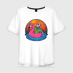 Мужская футболка хлопок Oversize с принтом Скелет в надувном Фламинго в Курске, 100% хлопок | свободный крой, круглый ворот, “спинка” длиннее передней части | закат | купание | лето | отдых | пляж | скелет | туризм | фламинго