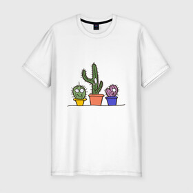 Мужская футболка хлопок Slim с принтом Кактусы в Курске, 92% хлопок, 8% лайкра | приталенный силуэт, круглый вырез ворота, длина до линии бедра, короткий рукав | зеленые | кактус | кактусы | любовь | минимализм | растения