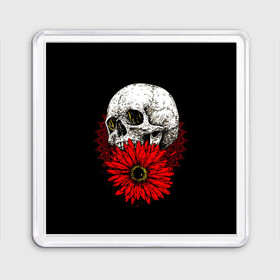 Магнит 55*55 с принтом Череп и Красный Цветок Skull в Курске, Пластик | Размер: 65*65 мм; Размер печати: 55*55 мм | flowers | head | skulls | букет | голова | животные | кости | мозги | паттерн | полосы | природа | розы | скелет | текстура | узор | флора | хо | цветы | черепа | черный | яркий