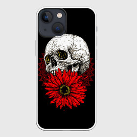 Чехол для iPhone 13 mini с принтом Череп и Красный Цветок | Skull в Курске,  |  | Тематика изображения на принте: flowers | head | skulls | букет | голова | животные | кости | мозги | паттерн | полосы | природа | розы | скелет | текстура | узор | флора | хо | цветы | черепа | черный | яркий