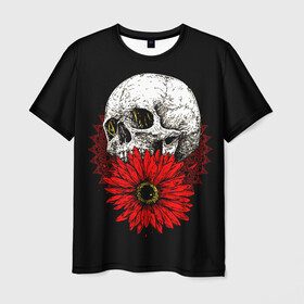 Мужская футболка 3D с принтом Череп и Красный Цветок Skull в Курске, 100% полиэфир | прямой крой, круглый вырез горловины, длина до линии бедер | flowers | head | skulls | букет | голова | животные | кости | мозги | паттерн | полосы | природа | розы | скелет | текстура | узор | флора | хо | цветы | черепа | черный | яркий