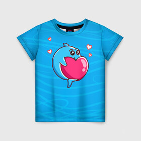 Детская футболка 3D с принтом Дельфин с сердечком в Курске, 100% гипоаллергенный полиэфир | прямой крой, круглый вырез горловины, длина до линии бедер, чуть спущенное плечо, ткань немного тянется | dolphin | дельфин | дельфинчик | море | морские | на голубом | с дельфином | с сердцем | сердечко