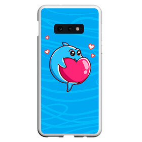 Чехол для Samsung S10E с принтом Дельфин с сердечком в Курске, Силикон | Область печати: задняя сторона чехла, без боковых панелей | dolphin | дельфин | дельфинчик | море | морские | на голубом | с дельфином | с сердцем | сердечко